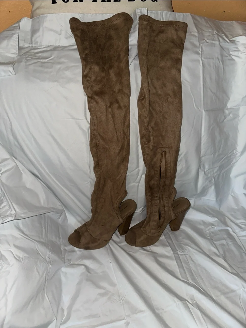 Shoe Republic LA Tan Over-the-Knee Peep-Toe Boots